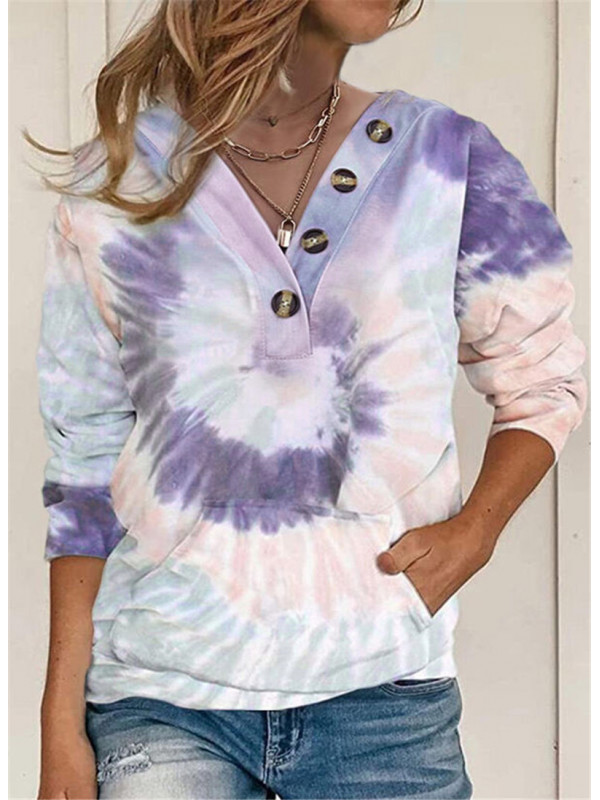 Women Casual V Neck Long Sleeve Button Blouse Top Ladies Loose Tie Dye Tee Shirt