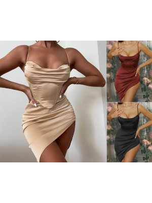 Womens Ladies Cami Thin Strap Side Split Bodycon Strechy Slim Midi Dress Sexy