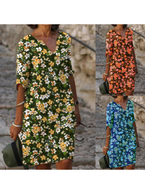Womens Summer V Neck Long Dress Ladies Boho Beach Holiday Casual Maxi Sundress