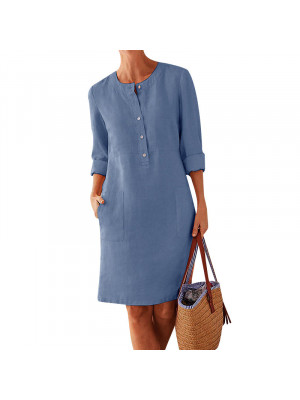 Summer Womens long Sleeve Cotton Linen Baggy Shirt Dress Midi dress Plus Size