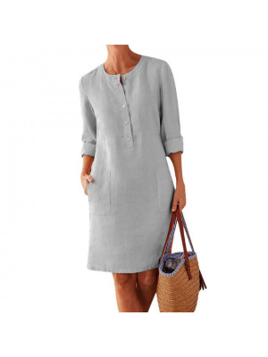 Summer Womens long Sleeve Cotton Linen Baggy Shirt Dress Midi dress Plus Size