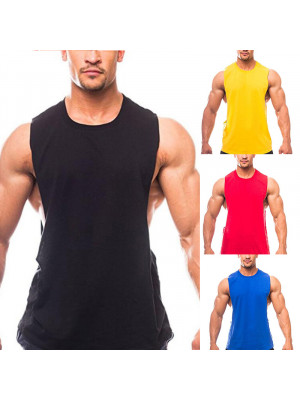 Mens Sports Gym Casual Tank Tops Solid Sleeveless Pure Cotton Crew Neck Vest