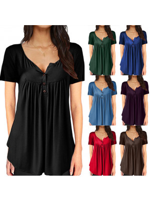 Plus Size Ladies Casual Short Sleeve Tops Women Button Solid Baggy Blouse Shirts