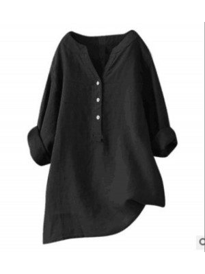 Ladies Button Cotton Linen Tops Womens Long Sleeve Plain Blouse Shirt Baggy Tees