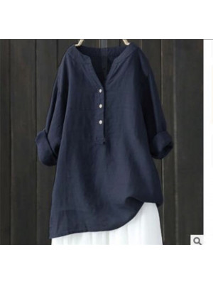 Ladies Button Cotton Linen Tops Womens Long Sleeve Plain Blouse Shirt Baggy Tees