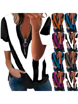 Ladies Casual Baggy Zip Tops Women Short Sleeve V Neck Blouse Shirt Stripe Tees