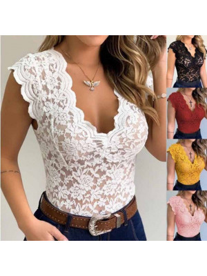 Womens V Neck Lace Sexy Tank Tops Ladies Slim Fit Stretch Vest Shirt Size 6-16