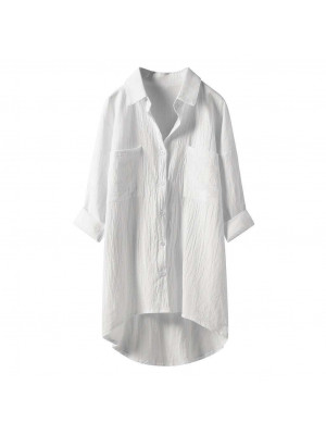 Womens Cotton Linen Button T Shirt Asymmetry Blouse Ladies Long Sleeve Tops UK
