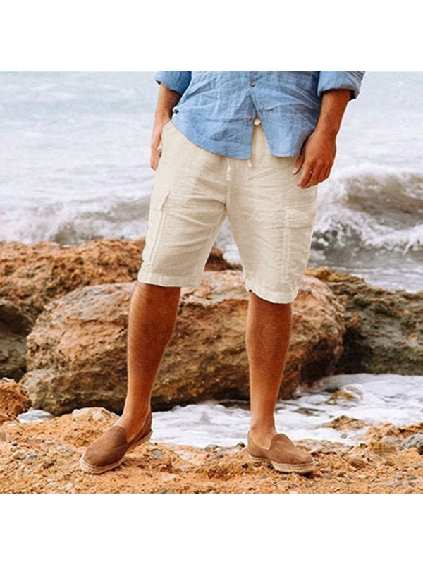 Mens Cotton Linen Shorts Elastic Waist Drawstring Summer Loose Casual Pants