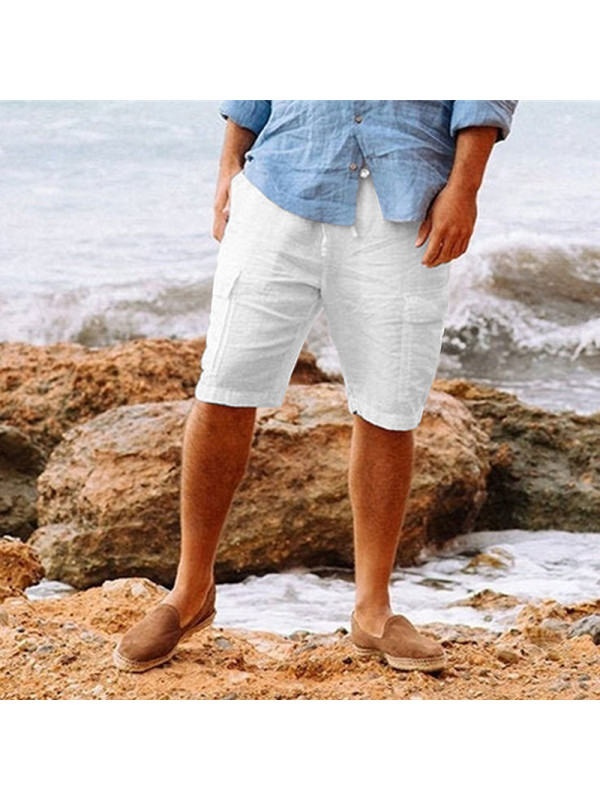 Mens Cotton Linen Shorts Elastic Waist Drawstring Summer Loose Casual Pants