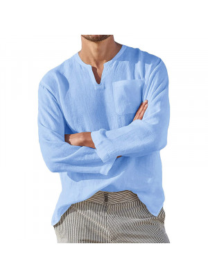 Mens Cotton Linen Long Sleeve T Shirt Henley Pullover Tops Solid Pocket Tees