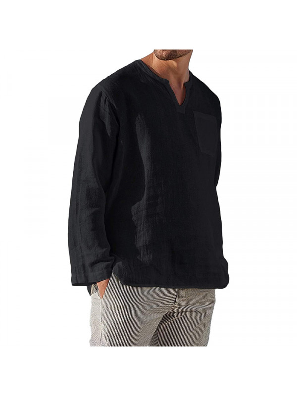 Mens Cotton Linen Long Sleeve T Shirt Henley Pullover Tops Solid Pocket Tees